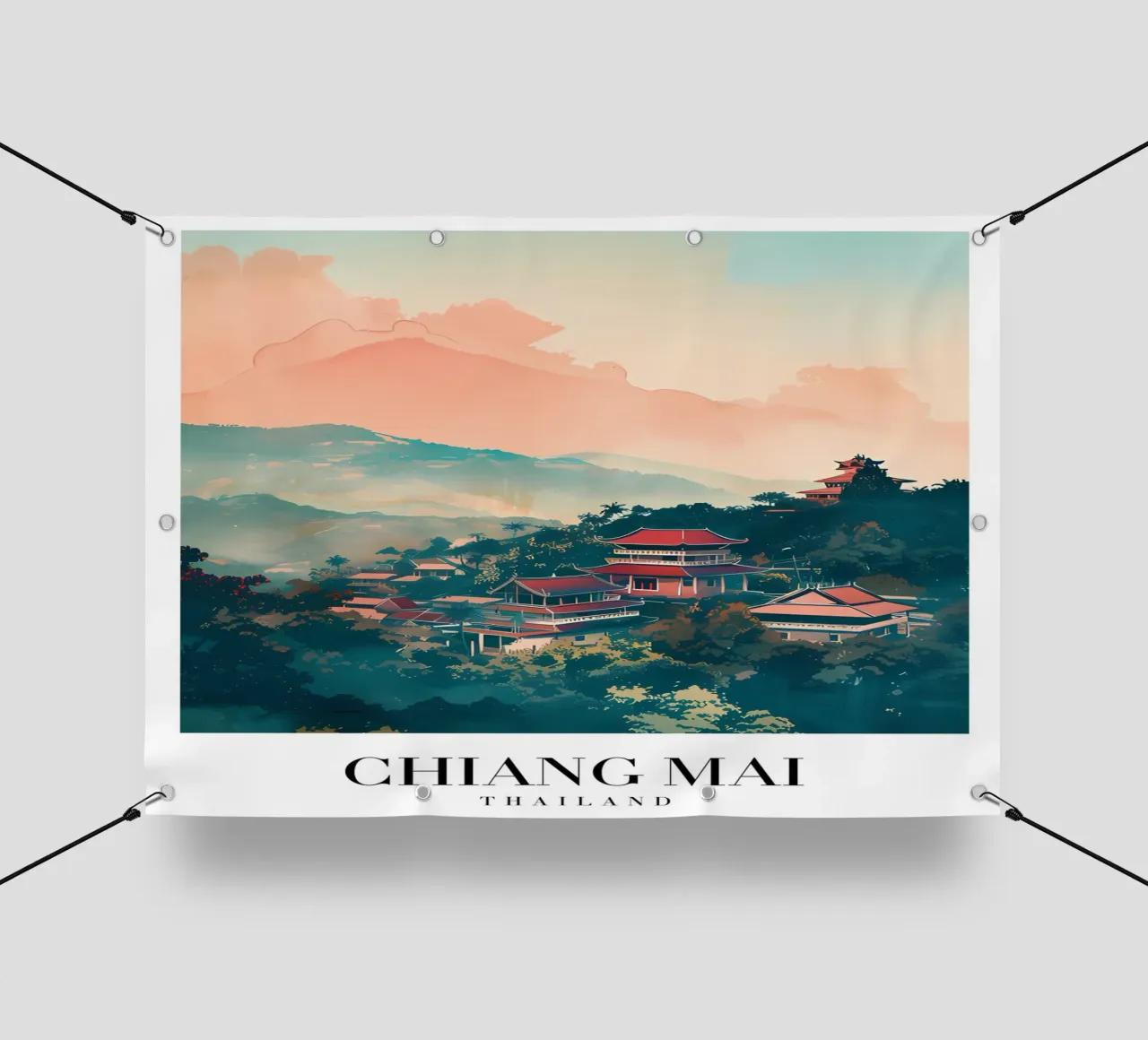 Vue du temple de Chiang Mai - Thailand Mountain Art bâche pvc de homdeco