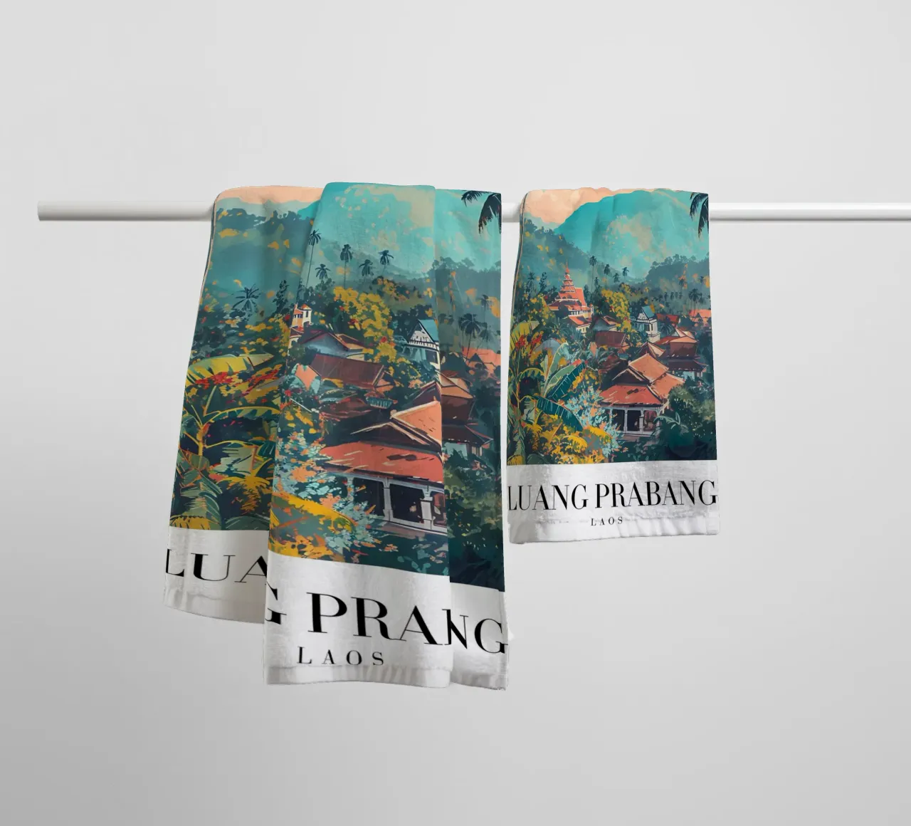 Luang Prabang Scenic View - Laos Temple & Palms towel by homdeco