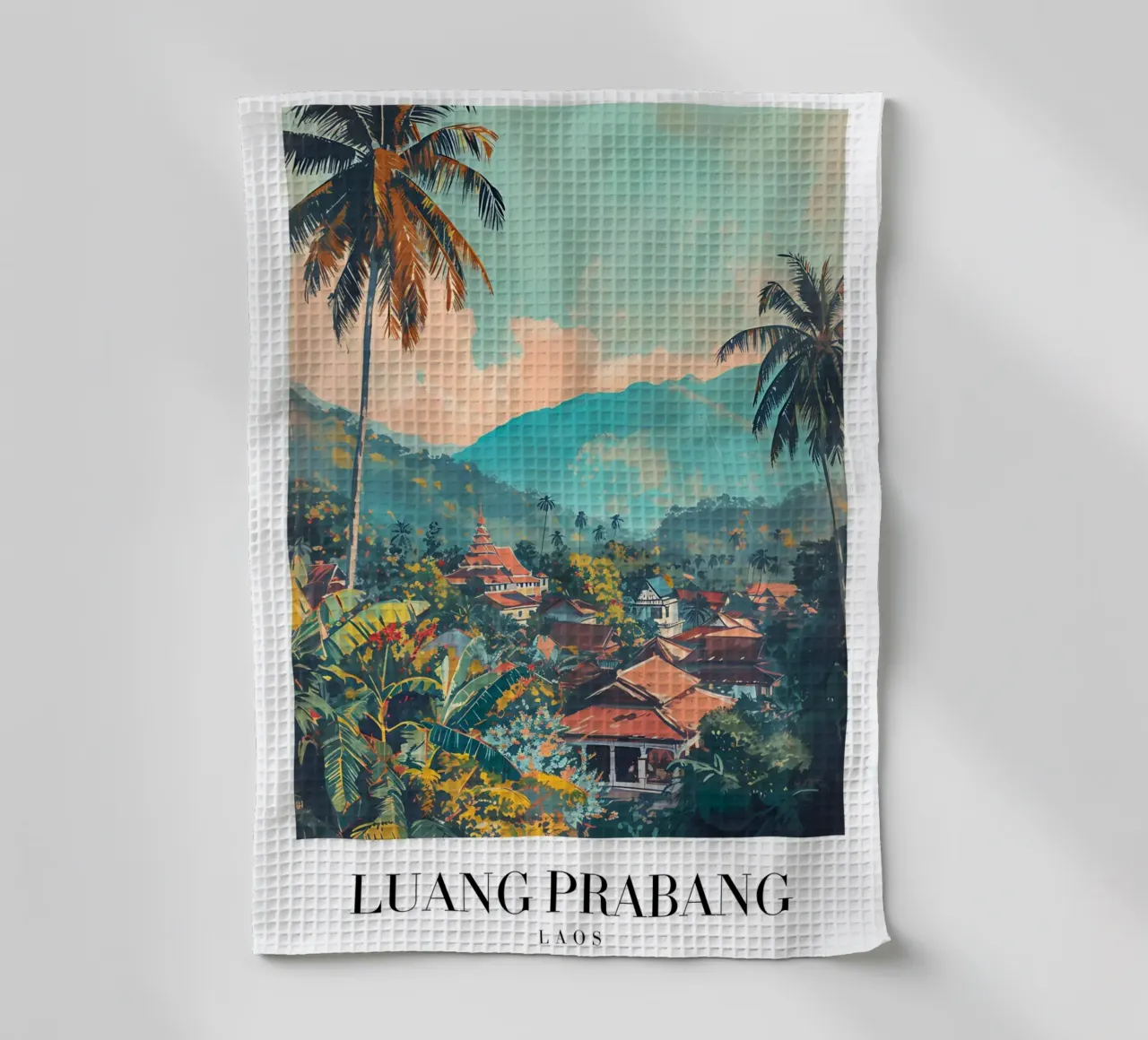 Luang Prabang Scenic View - Laos Temple & Palms torchon de homdeco