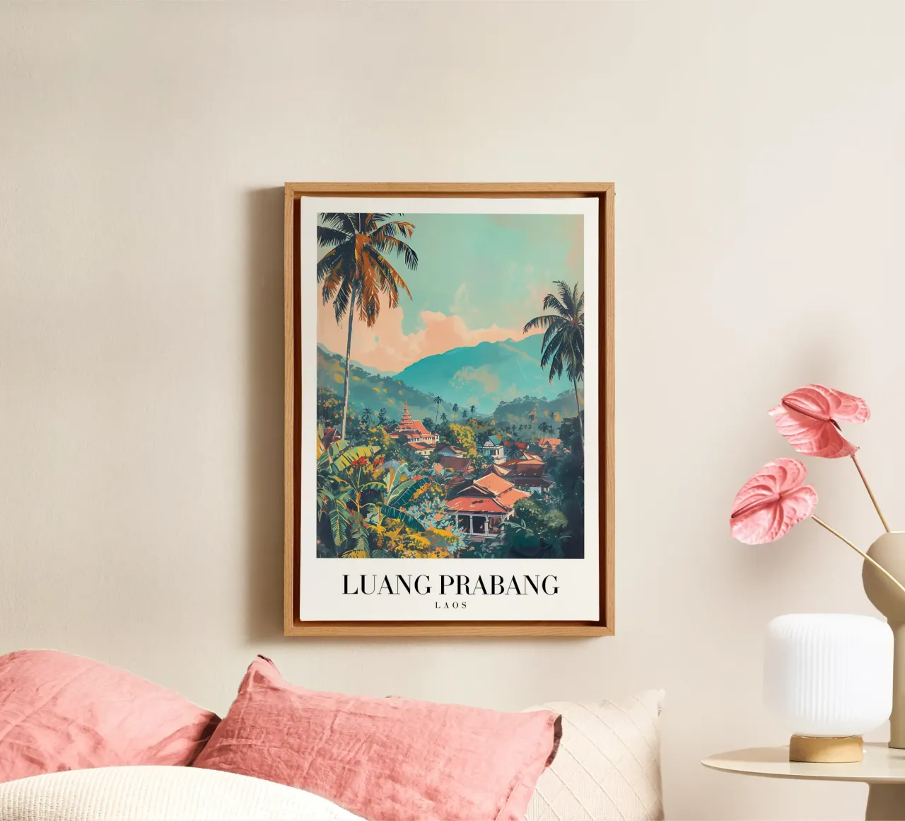 Vista panoramica di Luang Prabang - Tempio e palme del Laos tela con Cornice a cassetta da homdeco