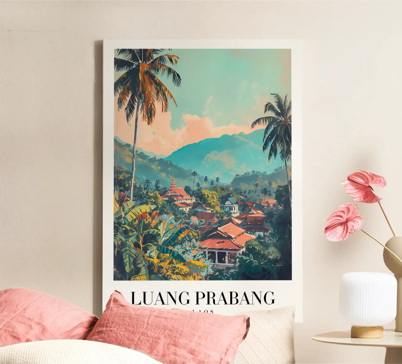 Vista panoramica di Luang Prabang - Tempio e palme del Laos tela con Cornice a cassetta da homdeco