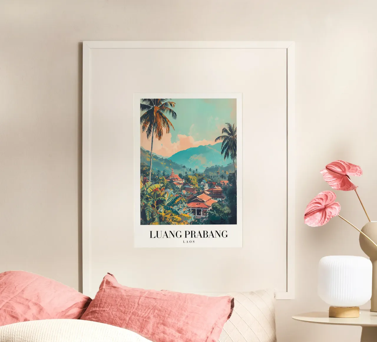 Vista panoramica di Luang Prabang - Tempio e palme del Laos poster da homdeco