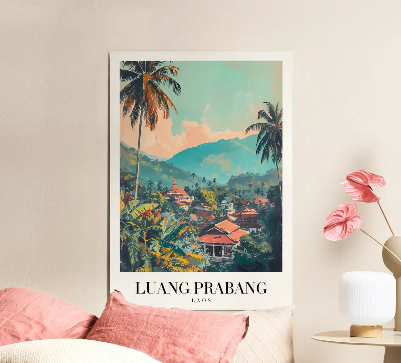 Vista panoramica di Luang Prabang - Tempio e palme del Laos poster da homdeco
