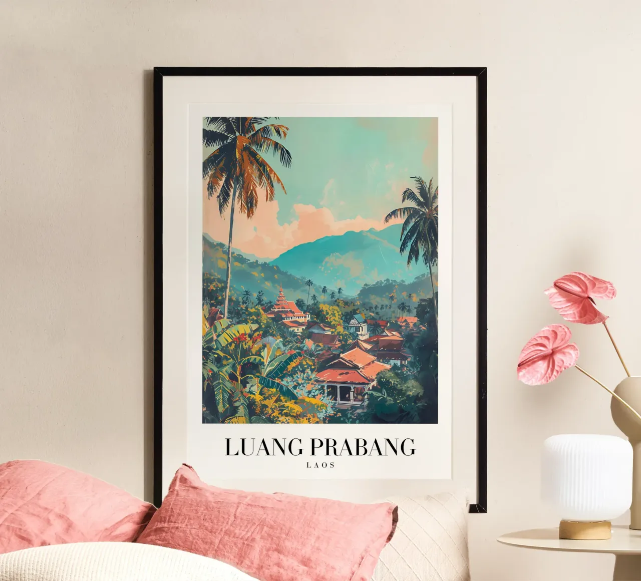 Vista panoramica di Luang Prabang - Tempio e palme del Laos poster da homdeco
