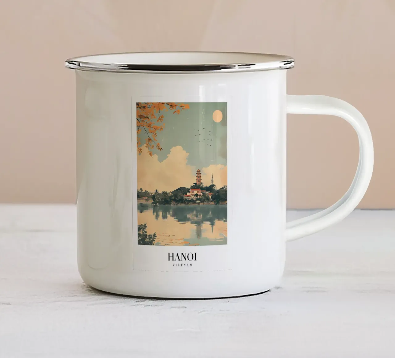 Hanoi meer & pagode - Vietnam Reiskunst emaille mok van homdeco
