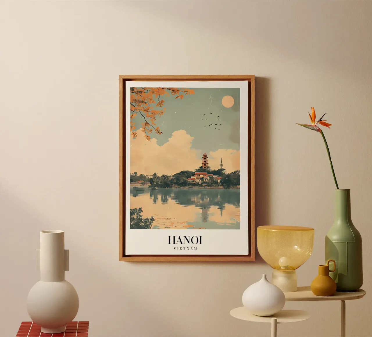 Hanoi meer & pagode - Vietnam Reiskunst canvas met Baklijst van homdeco