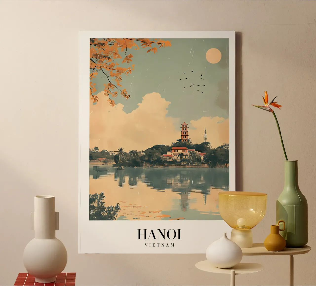 Hanoi meer & pagode - Vietnam Reiskunst canvas met Baklijst van homdeco
