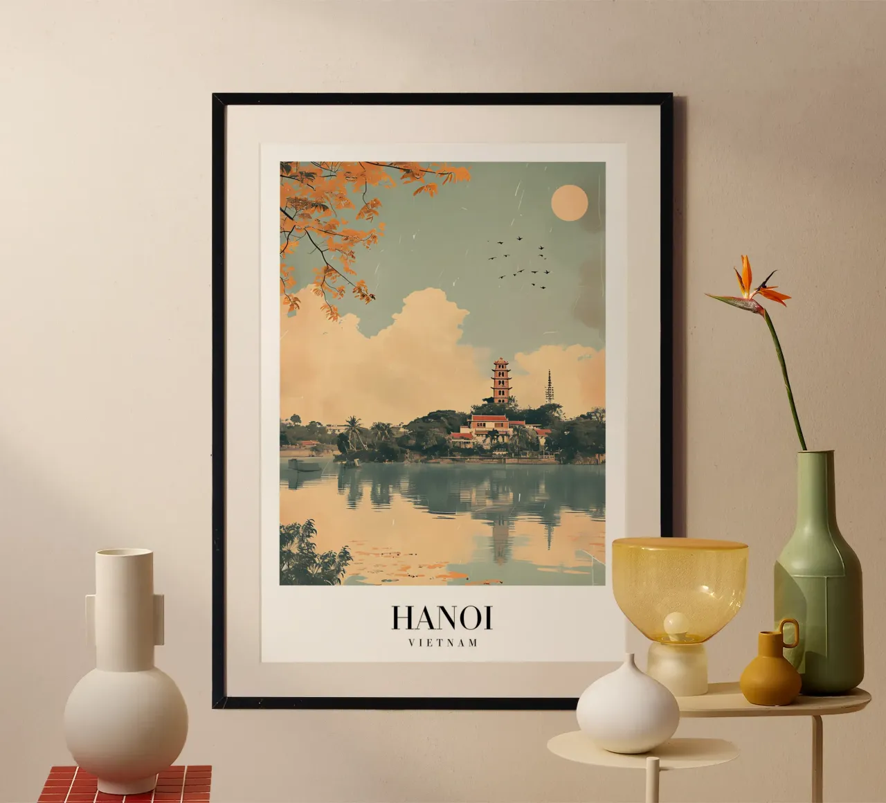 Hanoi See & Pagode - Vietnam Travel Art Poster von homdeco