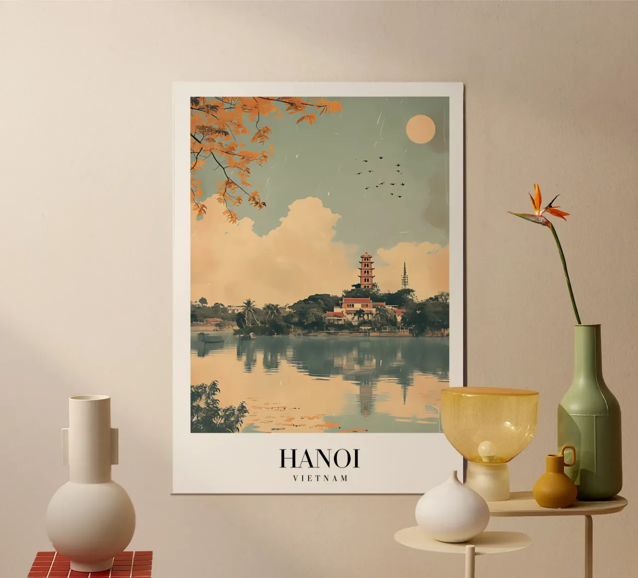 Hanoi See & Pagode - Vietnam Travel Art Poster von homdeco