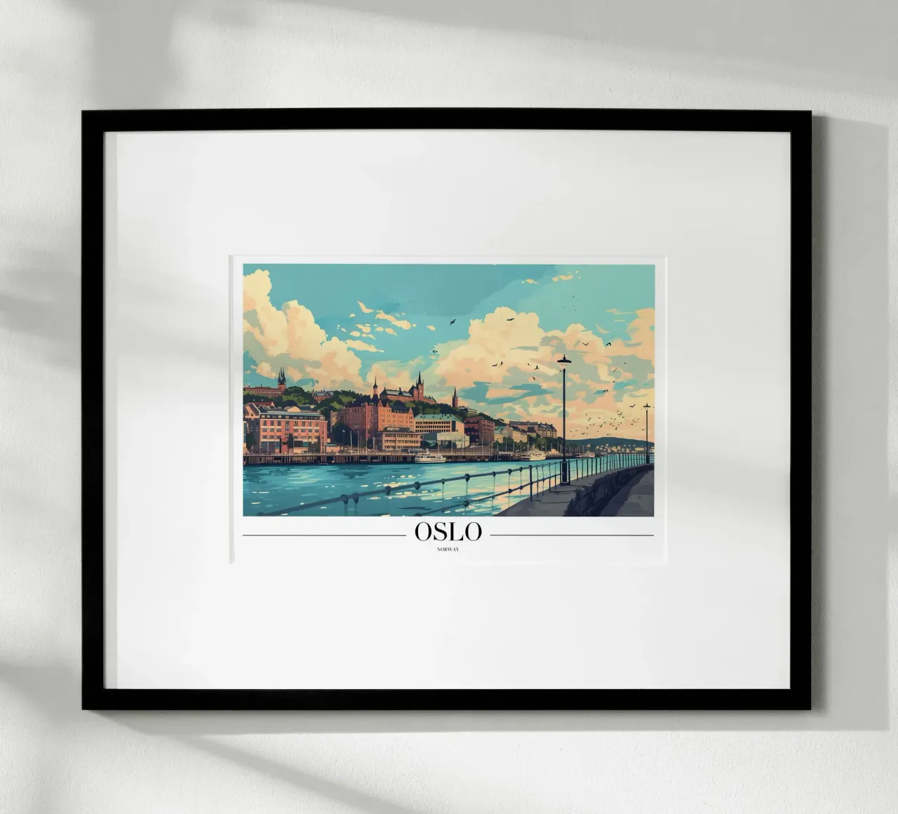 Paesaggio urbano sul lungomare di Oslo - Norvegia Arte da viaggio poster con telaio in plastica da homdeco