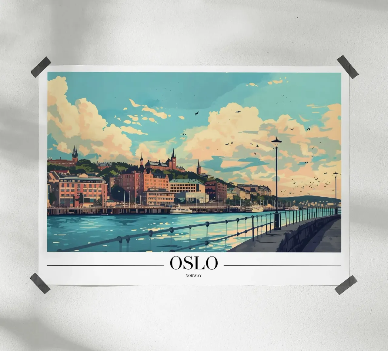 Paesaggio urbano sul lungomare di Oslo - Norvegia Arte da viaggio poster con telaio in plastica da homdeco