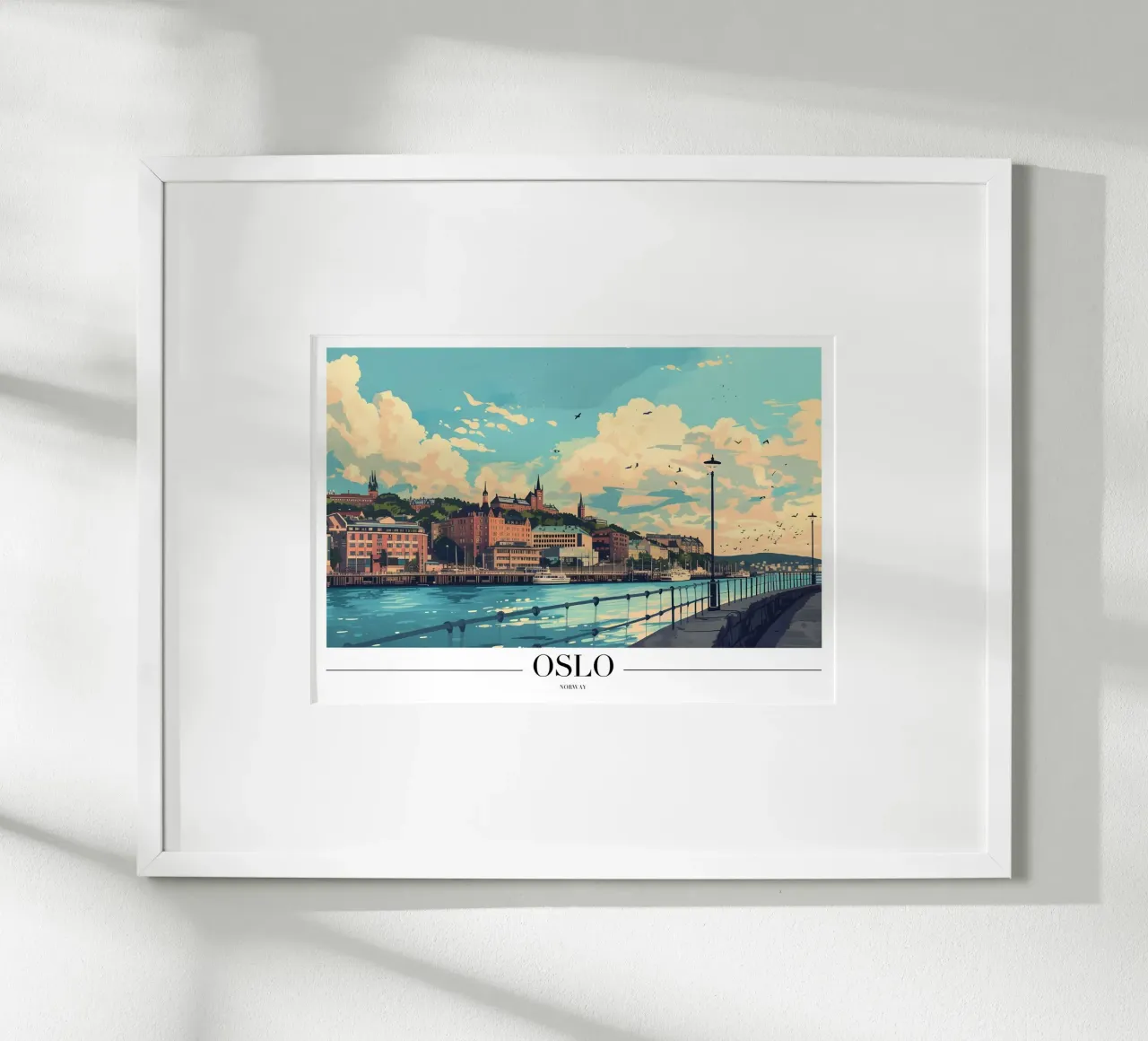 Paesaggio urbano sul lungomare di Oslo - Norvegia Arte da viaggio poster con telaio in plastica da homdeco
