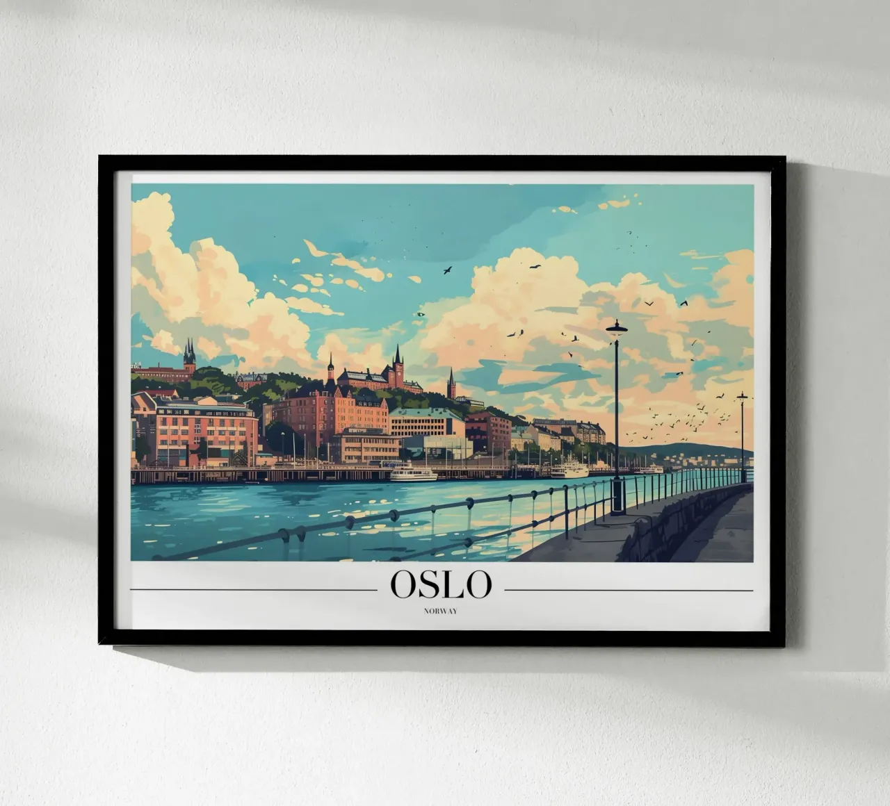 Paesaggio urbano sul lungomare di Oslo - Norvegia Arte da viaggio poster con telaio in plastica da homdeco