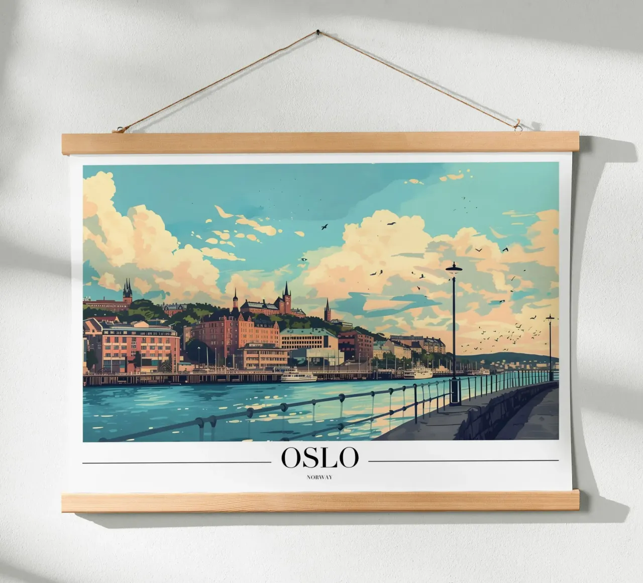 Paesaggio urbano sul lungomare di Oslo - Norvegia Arte da viaggio poster con telaio in plastica da homdeco