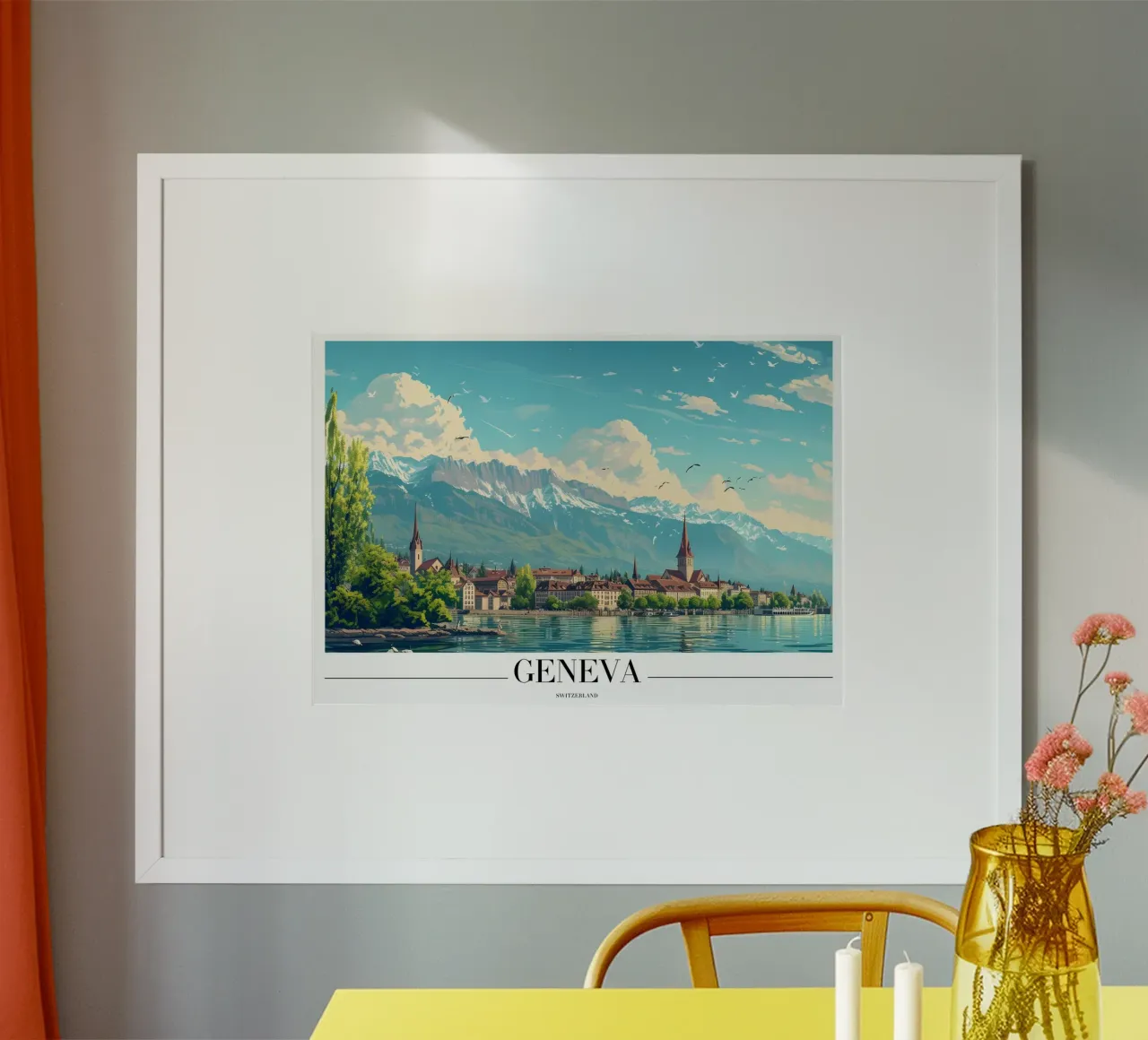 Lago di Ginevra e Alpi - Svizzera Cityscape Art poster con telaio in alluminio da homdeco