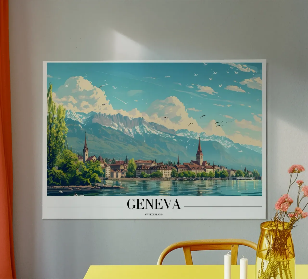 Lago di Ginevra e Alpi - Svizzera Cityscape Art poster con telaio in alluminio da homdeco
