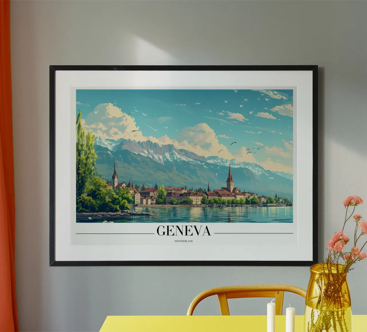 Lago di Ginevra e Alpi - Svizzera Cityscape Art poster con telaio in alluminio da homdeco