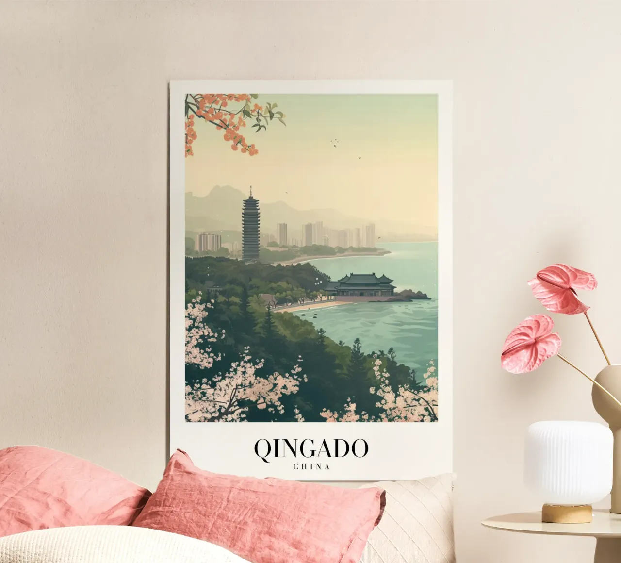 Costa dei ciliegi in fiore di Qingdao - China Cityscape Art poster da homdeco