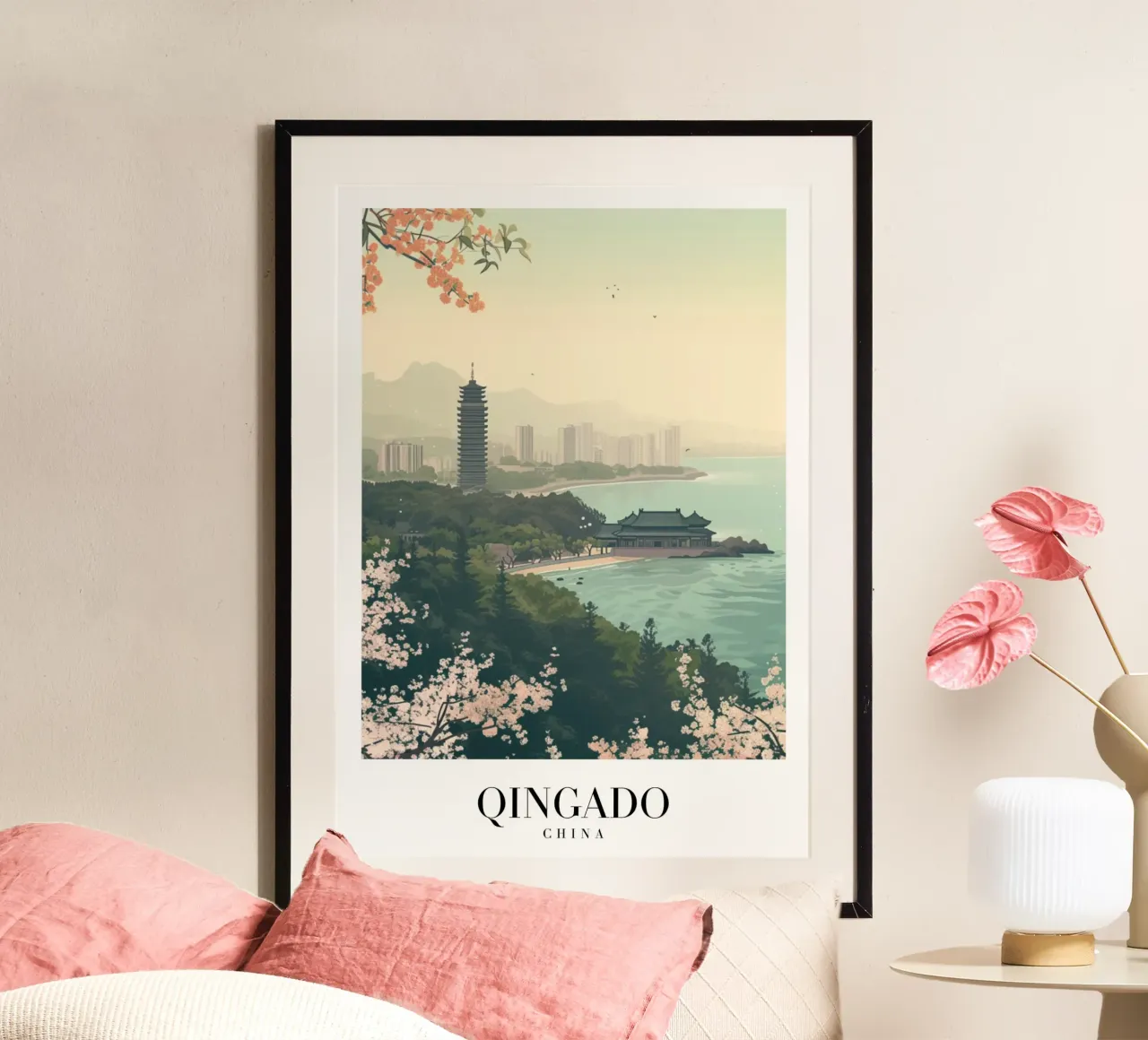 Costa dei ciliegi in fiore di Qingdao - China Cityscape Art poster da homdeco
