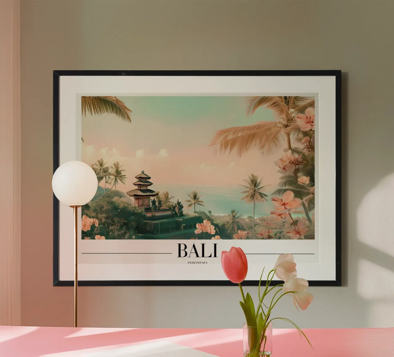 Il paradiso dei templi di Bali - Arte tropicale in Indonesia poster con telaio in legno da homdeco