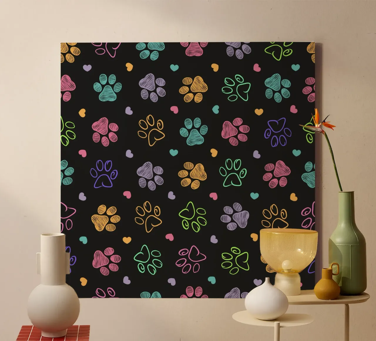 Kleurrijke krabbelpootafdrukken donker canvas met Baklijst van gulsengunel