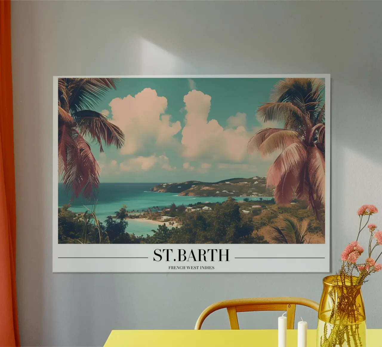 St. Barth Inselansicht - Französisch-Westindien Reisekunst Poster mit Aluminium Rahmen von homdeco