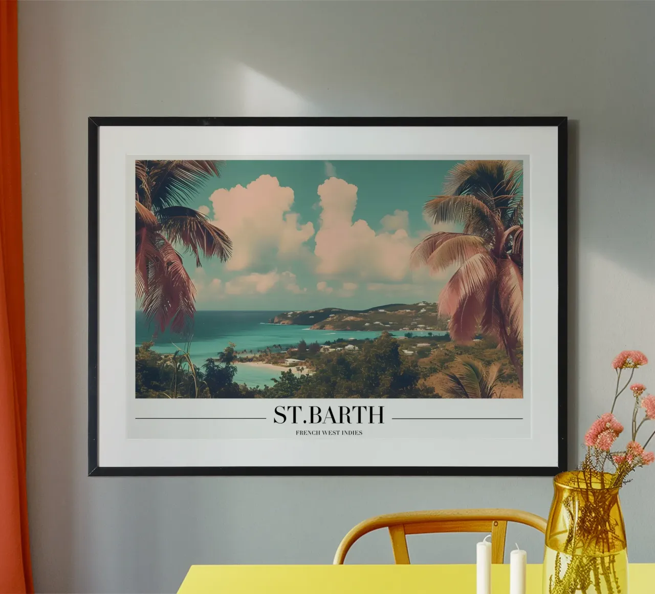 St. Barth Inselansicht - Französisch-Westindien Reisekunst Poster mit Aluminium Rahmen von homdeco