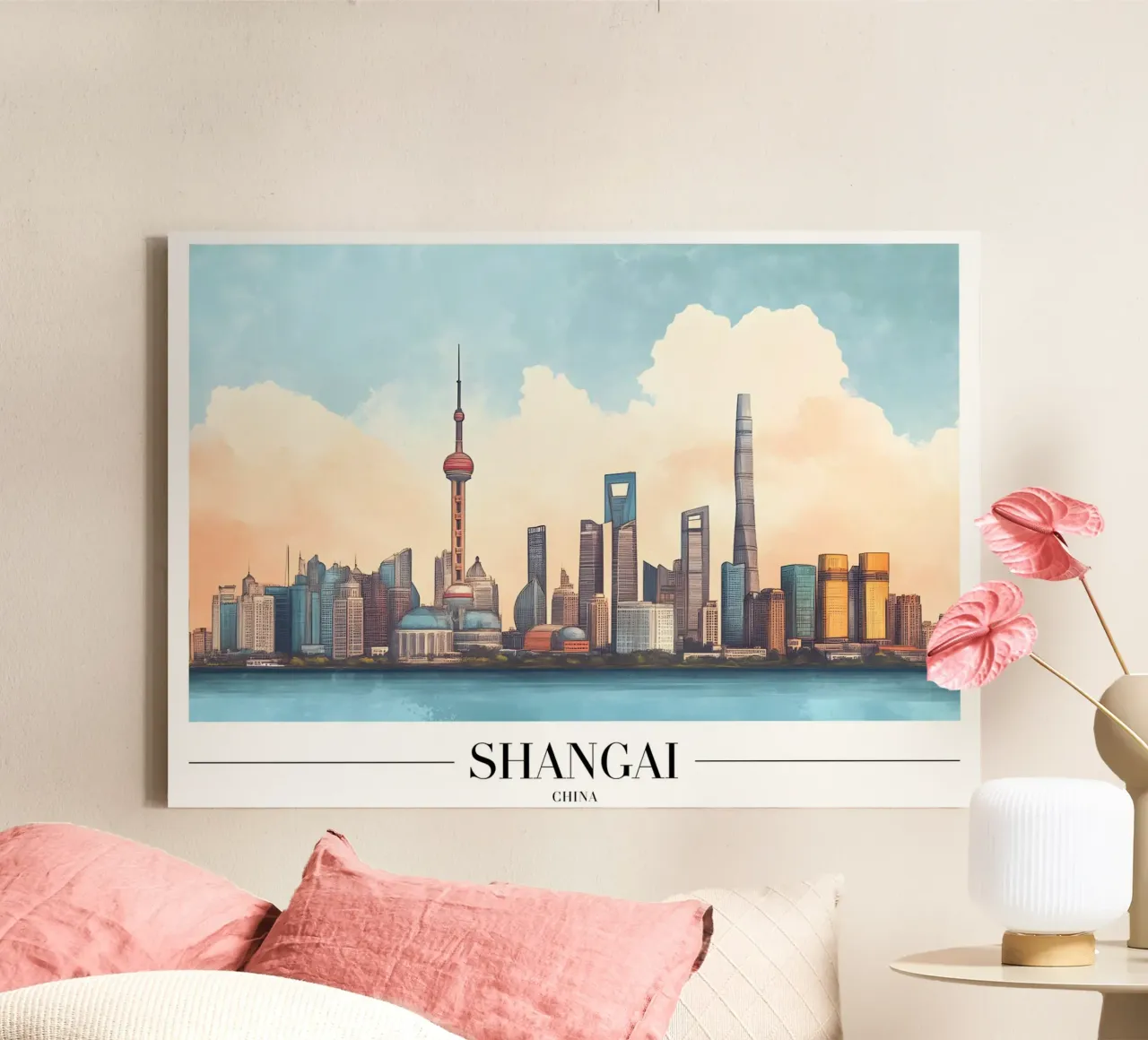 Shanghai Bund Skyline - China stadsgezicht kunst canvas met Baklijst van homdeco
