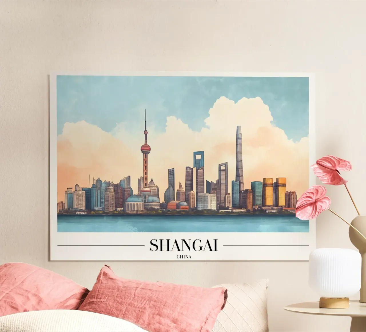 Skyline del Bund di Shanghai - China Cityscape Art poster con telaio in plastica da homdeco