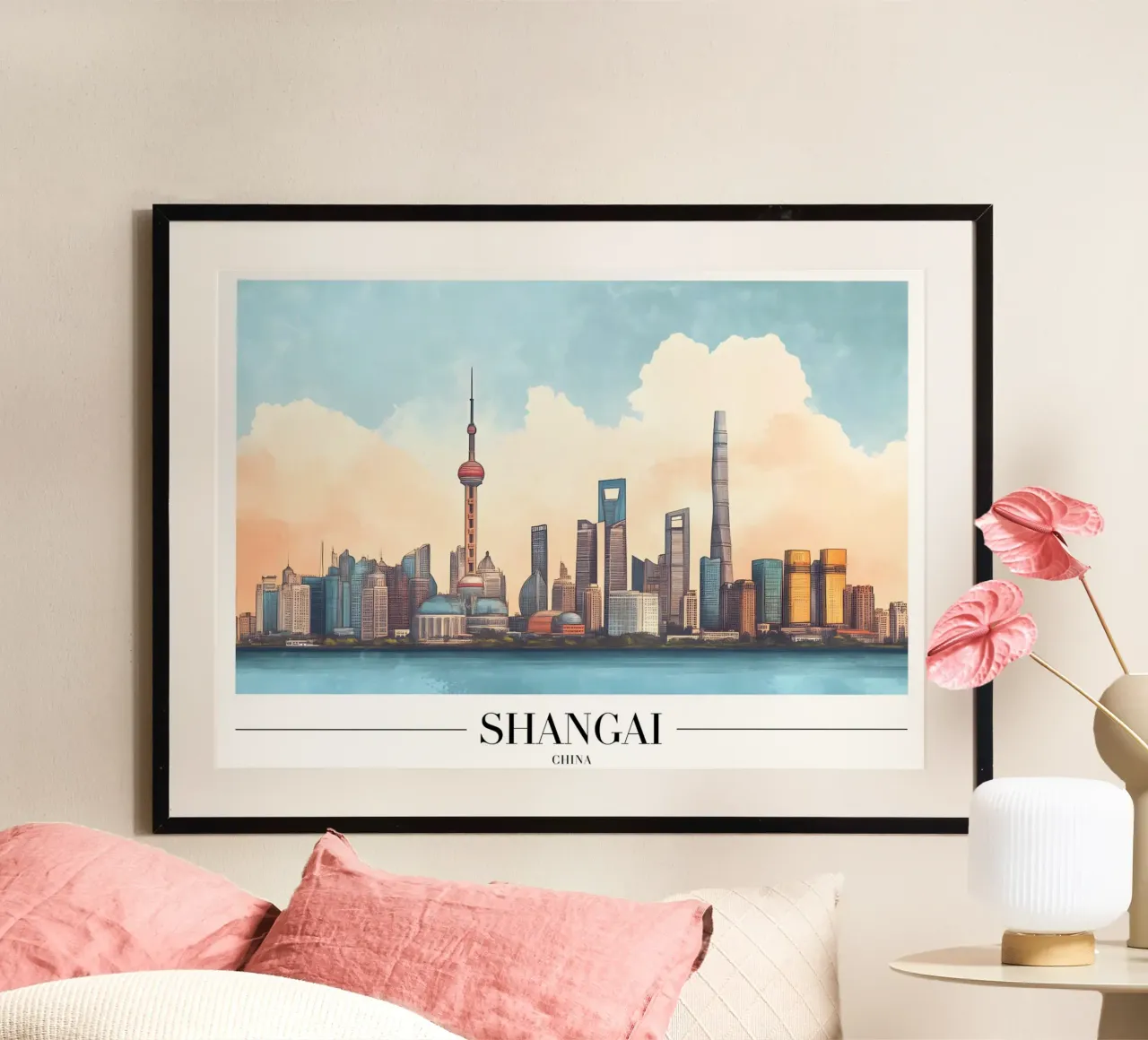 Skyline del Bund di Shanghai - China Cityscape Art poster con telaio in plastica da homdeco