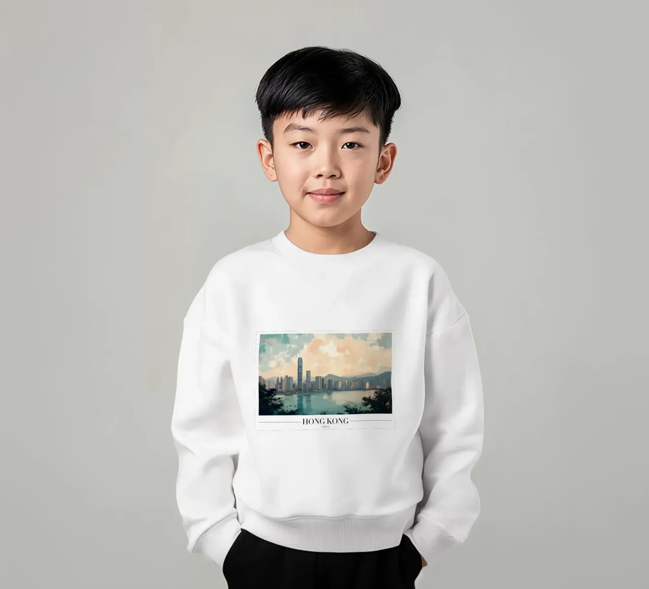 Skyline e porto di Hong Kong - China Cityscape Art felpa bambino da homdeco