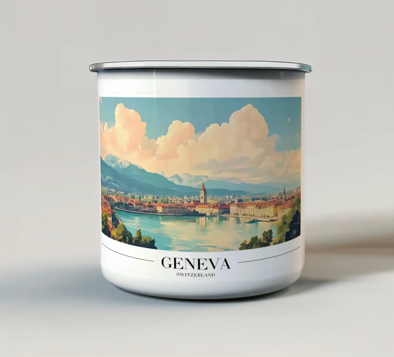 Meer van Genève & Skyline - Zwitserland Stadsgezicht Kunst emaille mok van homdeco