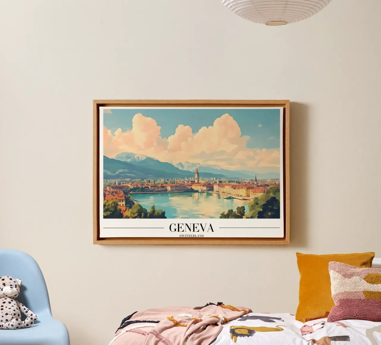 Meer van Genève & Skyline - Zwitserland Stadsgezicht Kunst canvas met Baklijst van homdeco