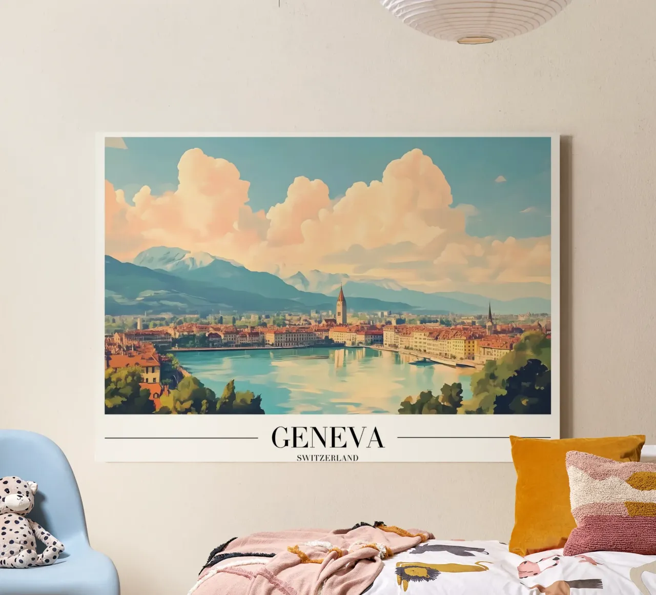 Meer van Genève & Skyline - Zwitserland Stadsgezicht Kunst canvas met Baklijst van homdeco