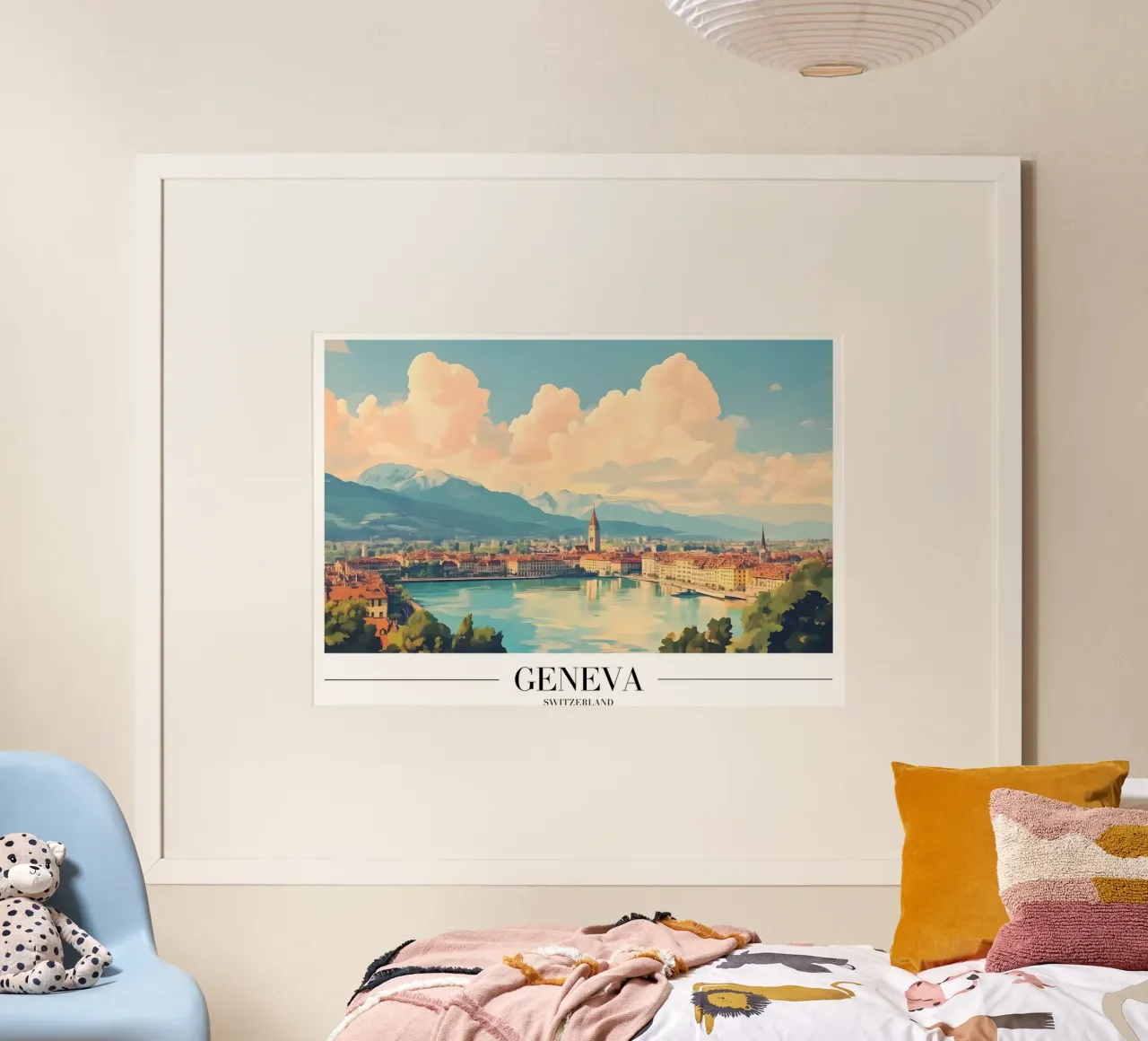 Lago di Ginevra e skyline - Svizzera Cityscape Art poster con telaio in legno da homdeco