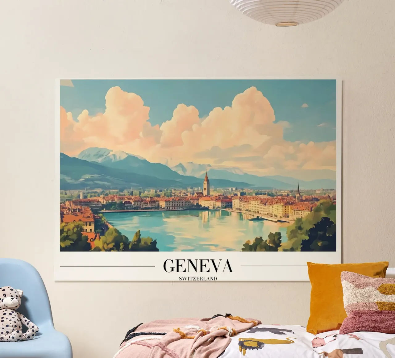 Lago di Ginevra e skyline - Svizzera Cityscape Art poster con telaio in legno da homdeco