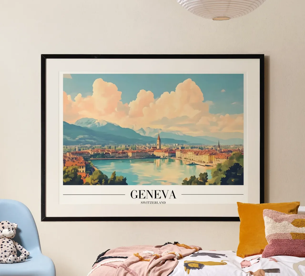 Lago di Ginevra e skyline - Svizzera Cityscape Art poster con telaio in legno da homdeco