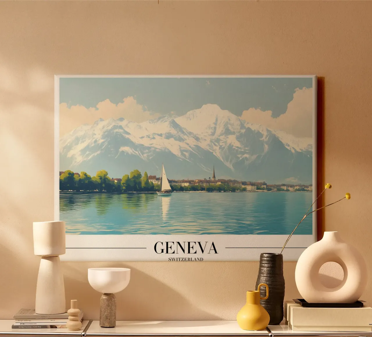 Meer van Genève & Mont Blanc - Zwitserland Zeilkunst canvas met Baklijst van homdeco