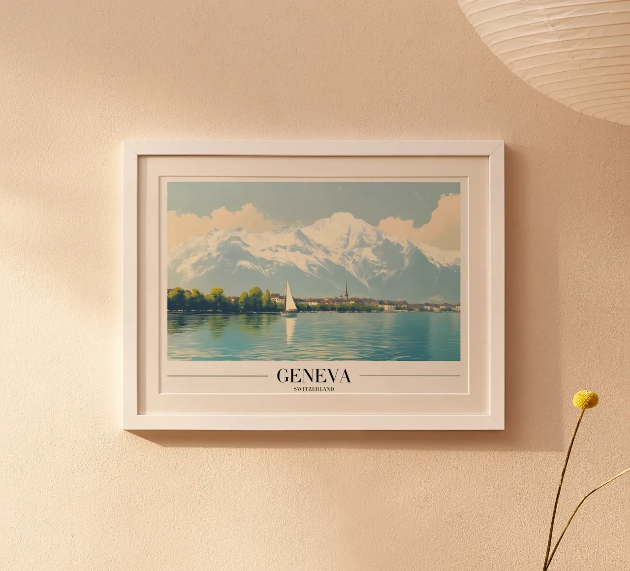 Genfer See & Mont Blanc - Schweiz Segeln Kunst Poster mit Aluminium Rahmen von homdeco