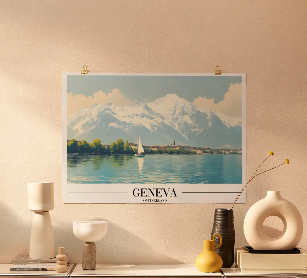 Genfer See & Mont Blanc - Schweiz Segeln Kunst Poster mit Aluminium Rahmen von homdeco