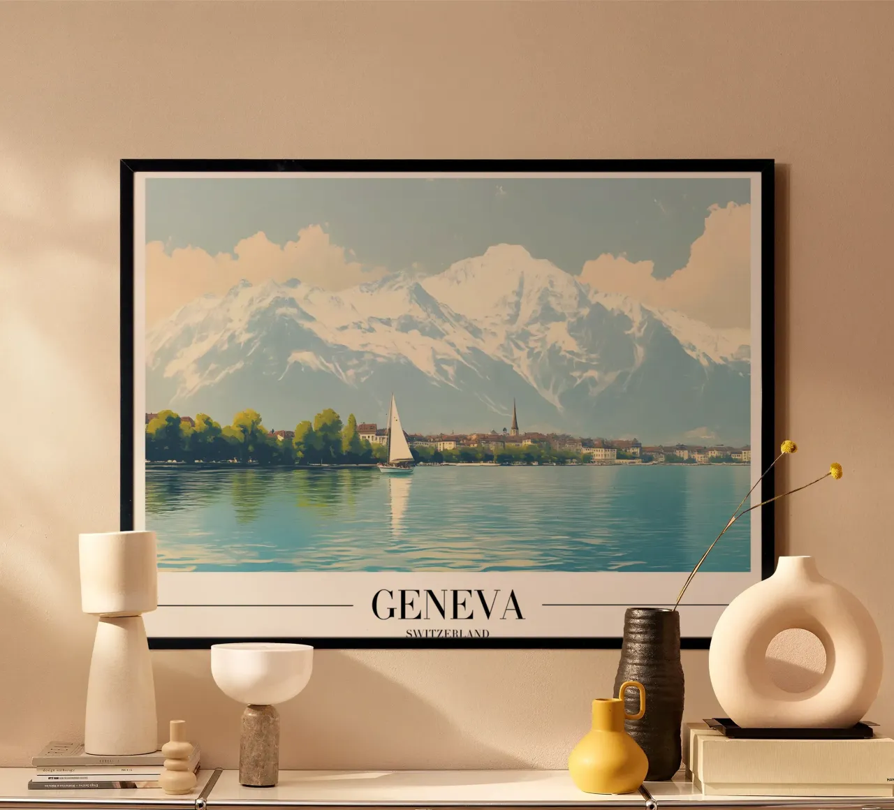 Genfer See & Mont Blanc - Schweiz Segeln Kunst Poster mit Aluminium Rahmen von homdeco