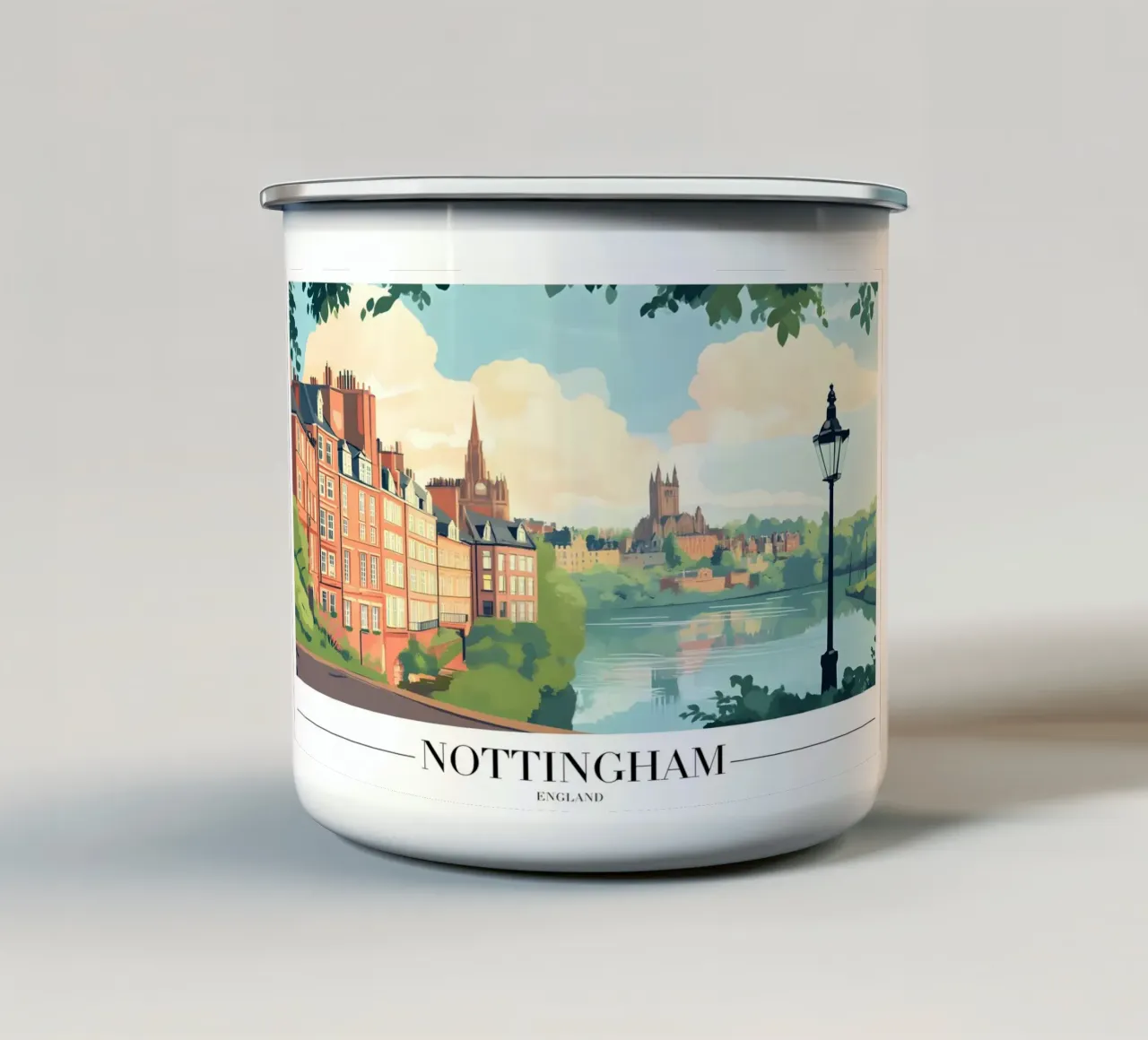 Vista sul fiume di Nottingham - Paesaggio urbano in Inghilterra tazza in smalto da homdeco