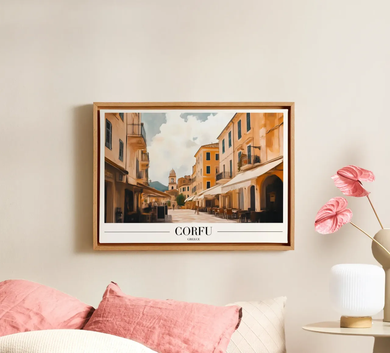 Corfù Grecia Scena di strada della città vecchia Stampa d'arte tela con Cornice a cassetta da homdeco