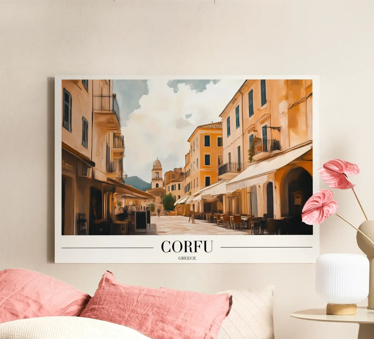 Corfù Grecia Scena di strada della città vecchia Stampa d'arte tela con Cornice a cassetta da homdeco