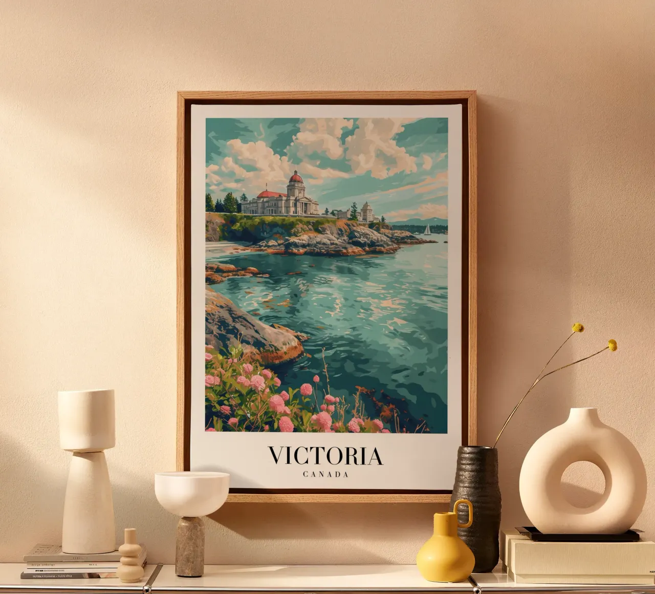 Victoria BC Parlement & Kustlijn Kunstdruk canvas met Baklijst van homdeco