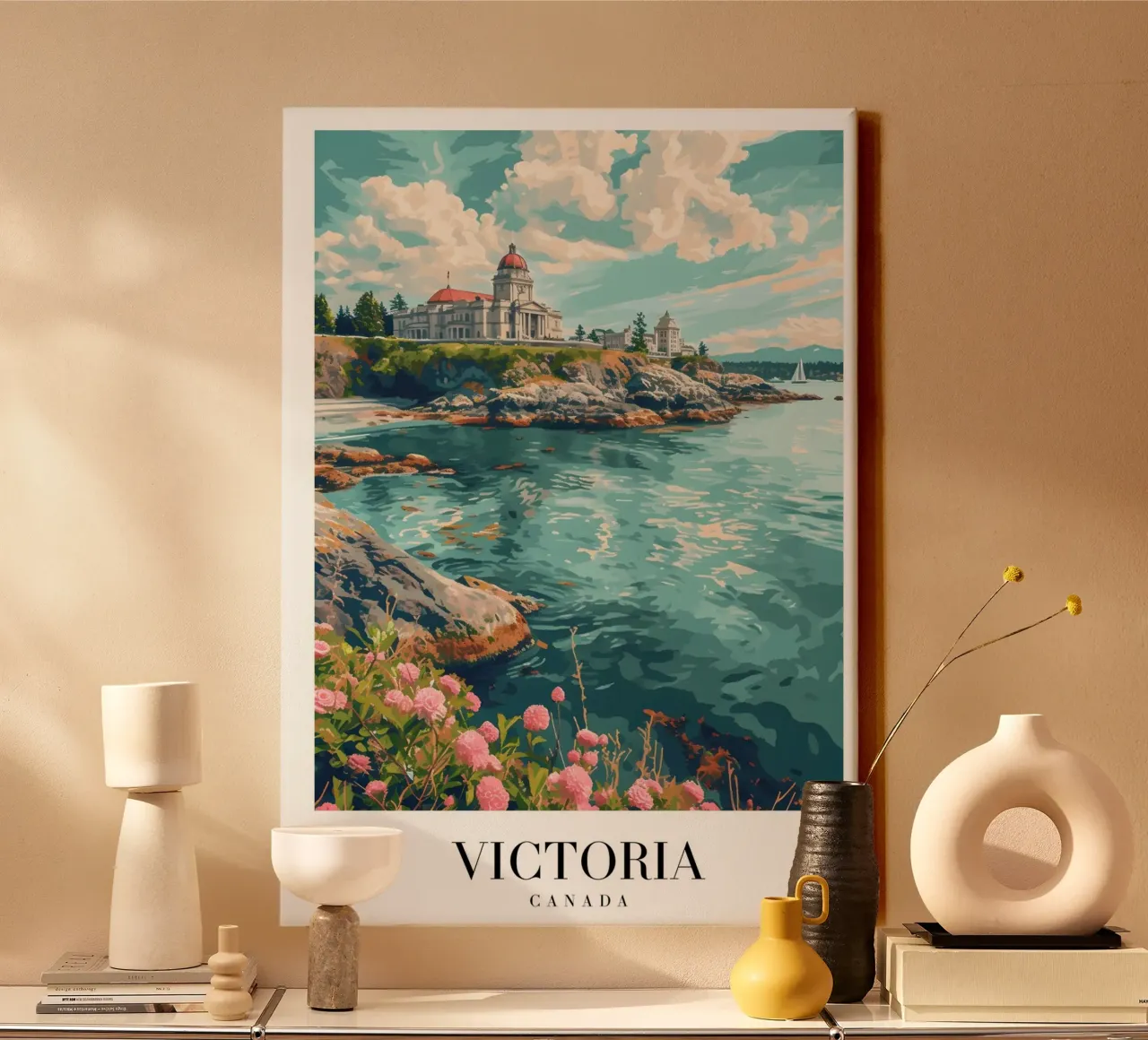 Victoria BC Parlement & Kustlijn Kunstdruk canvas met Baklijst van homdeco