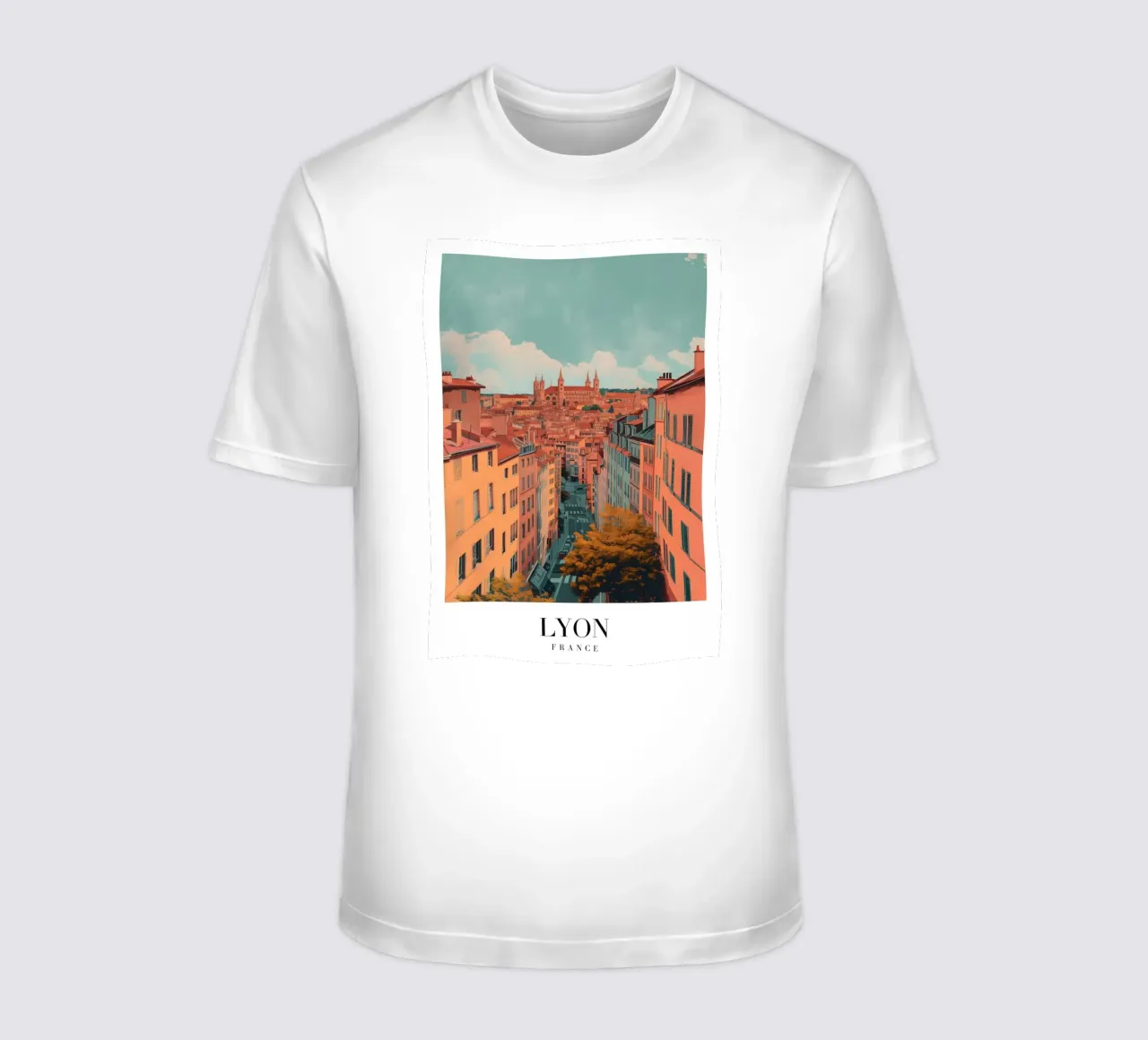 Lyon France Cityscape with Basilica Art Print t-shirt by homdeco