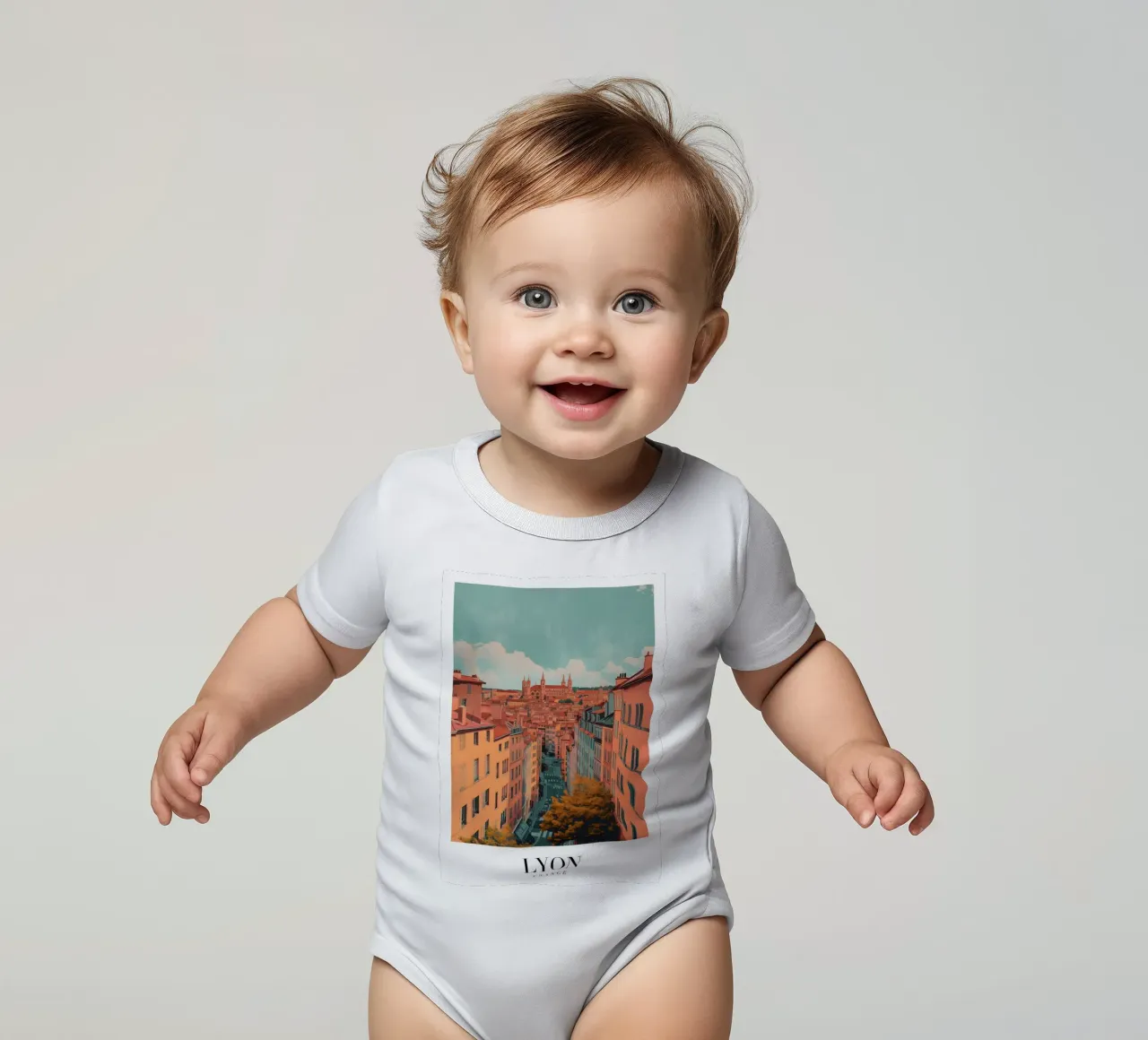 Lyon Frankrijk Stadsgezicht met Basiliek Art Print babyrompertje korte mouwen van homdeco