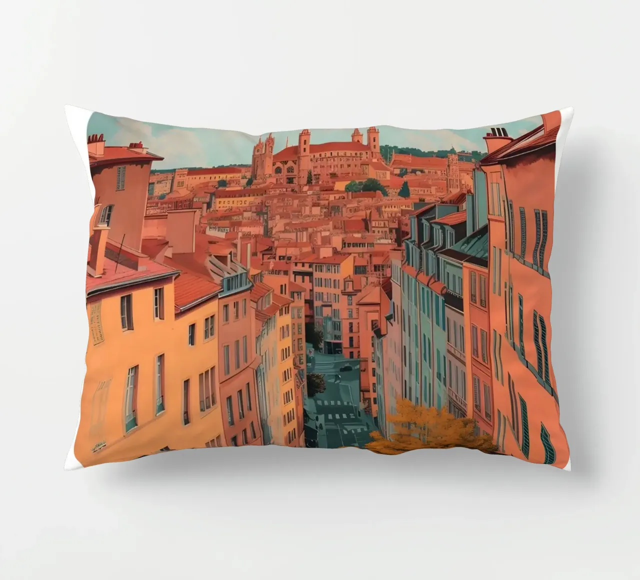 Lyon France Cityscape with Basilica Art Print decorative cushion by homdeco