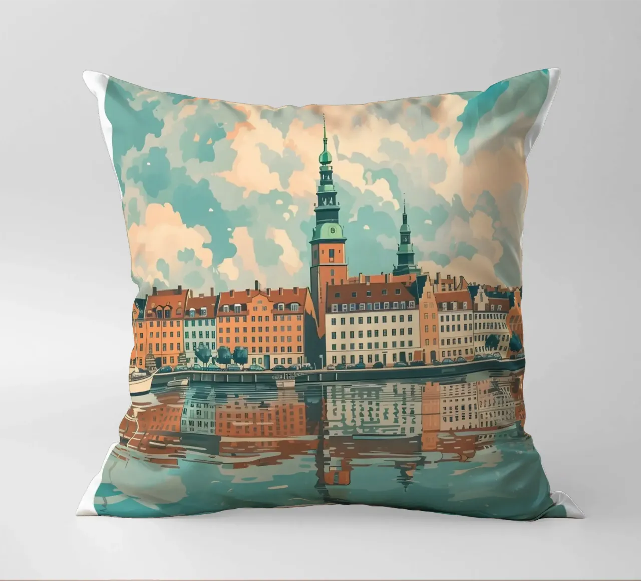 Copenhagen Denmark Nyhavn Canal Cityscape Art Print decorative cushion by homdeco